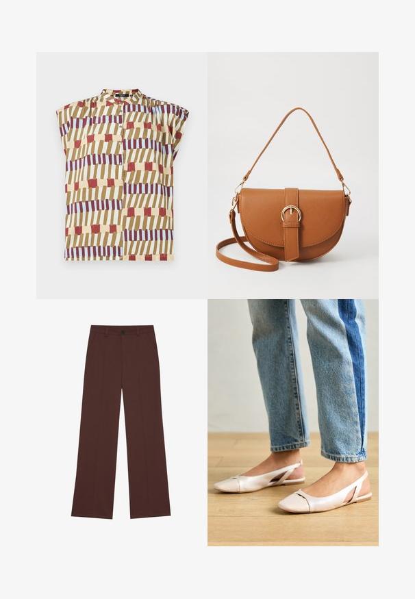T-shirt med korte ærmer, der har en standkrave, knaplukning og et geometrisk mønster i rød, brun, gul og lyseblå på en cremet baggrund.; Vide benbukser i en rig brun stof. Har en knaplukning, to forlommer, glat tekstur og rene linjer.; Lyserøde slingback flade sko med spidse tær, lavet af et glat læderlignende materiale. Har udskæringsdetaljer på siderne og en flad hæl.; Brun læder crossbody taske med en buet form, guldfarvet hardware og en spændeaccent. Har en aftagelig skulderrem.