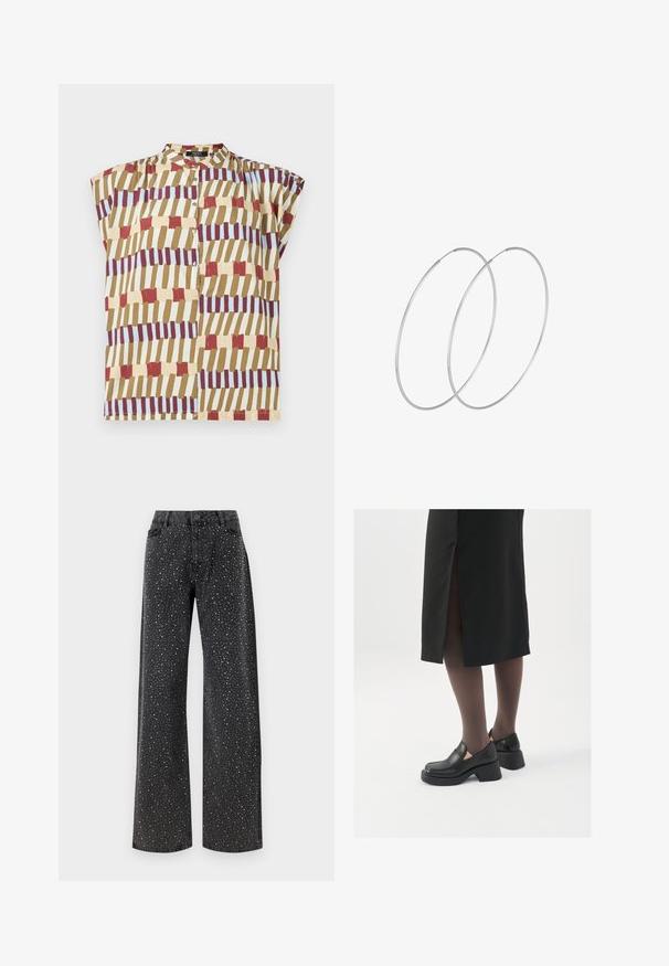 Krátky rukáv blúzka so stojacím golierom, zapínaním na gombíky a geometrickým vzorom v červenej, hnedej, žltej a svetlo modrej farbe na krémovom pozadí.; Noisy May NMJANNEL LOOSE - Džínsy voľného strihu - black denim; Čierne kožené topánky s okrúhlou špičkou, silným blokovým opätkom a elastickými bočnými akcentmi, skombinované s tmavými pančuchami a čiernou sukňou so štiepením.; Strieborné kruhové náušnice s minimalistickým dizajnom. Cirkulárny tvar, hladký povrch a tenký profil. Ľahké s lesklým povrchom.