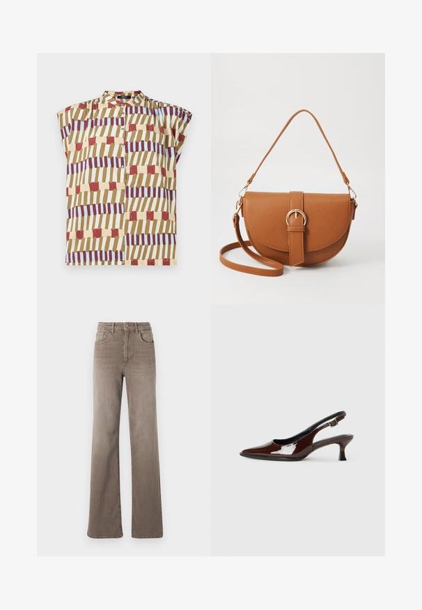Korte mouw blouse met een staande kraag, knoopsluiting en een geometrisch patroon in rood, bruin, geel en lichtblauw op een crèmekleurige achtergrond.; Bruine hoge taille straight-leg jeans met een knoop aan de voorkant, riemlussen en een klassieke vijf-pocket design op een witte achtergrond.; Bruine gepatineerde leren slingback-schoen met een spitse neus en een gematigd hakje. Voorzien van een gespsluiting voor een veilige pasvorm. Glad van textuur.; Bruine leren schoudertas met een gebogen vorm, gouden hardware en een gespaccent. Bevat een afneembare schouderriem.