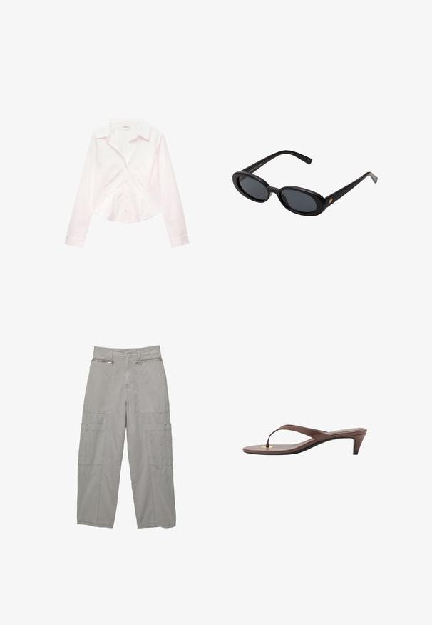 Camicia bianca a maniche lunghe con bottoni, colletto e vita aderente, esposta piatta su uno sfondo bianco.; Pantaloni cargo in morbido tessuto grigio chiaro, con numerose tasche grandi, tasche anteriori con zip e una silhouette rilassata con gambe larghe.; Infradito con tacco marroni, dotati di una fascia sottile e un puntale arrotondato, con un piccolo dettaglio dorato sulla soletta.; Occhiali da sole neri oversize con lenti ovali, montatura in plastica liscia e accenti dorati sulle tempie. Le lenti scure offrono protezione dal sole.; Borsa a tracolla rosa con manico intrecciato, accessori in argento, tasca frontale con zip e lunghe frange sui lati; materiale in ecopelle testurizzata.
