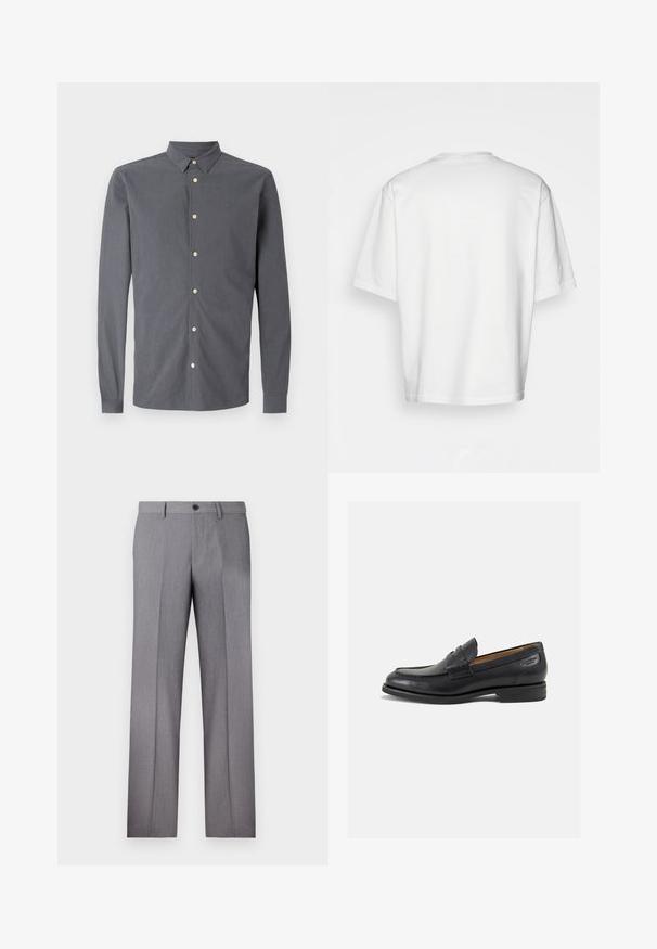 Pilkas ilgas rankovėmis džemperis, pagamintas iš lygaus audinio, su mygtukų užsegimu, turintis šviesios spalvos mygtukus ir subtilų siuvinėtą logotipą.; Balta trumpa rankovėmis marškinėliai, laisvas kirpimas, apvalus iškirpimas, lygaus džinsinio audinio, nepuošta nugara, tiesiai kraštu, be raštų ar akcentų.; Pilkos pritaikytos kelnės su plokščiu priekiu, dviem šoninėmis kišenėmis ir vienu mygtuko užsegimu. Lygi tekstūra su subtiliu dryželiu.; Juodi odiniai loafersai su lygiu paviršiumi, apvaliu pirštu ir dekoratyvine siūlė viršuje. Žemas sustiprintas kulnas ir lengvas blizgesys.