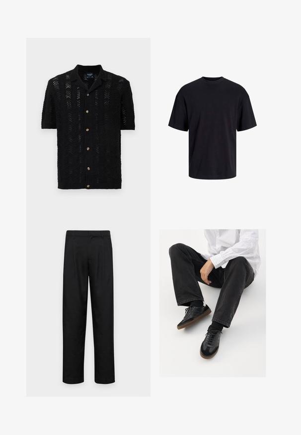Fekete, rövid ujjú kötött kardigán, hullámos mintával, gombos záródással és klasszikus gallérral. Textúrált, könnyű anyag.; Fekete pamut póló, kerek nyakkivágással, rövid ujjú és laza fazonú. Simább anyagú, látható minták vagy díszítések nélkül.; Fekete nadrág sima anyagból, egyenes szárú fazonnal, két elülső redővel és közönséges derékkal, övhurkokkal.; Fekete tornacipők sima és texturált felsőrészel, gumitalppal és sötét cipőfűzőkkel. Fekete farmernadrággal és fehér csíkos inggel párosítva.