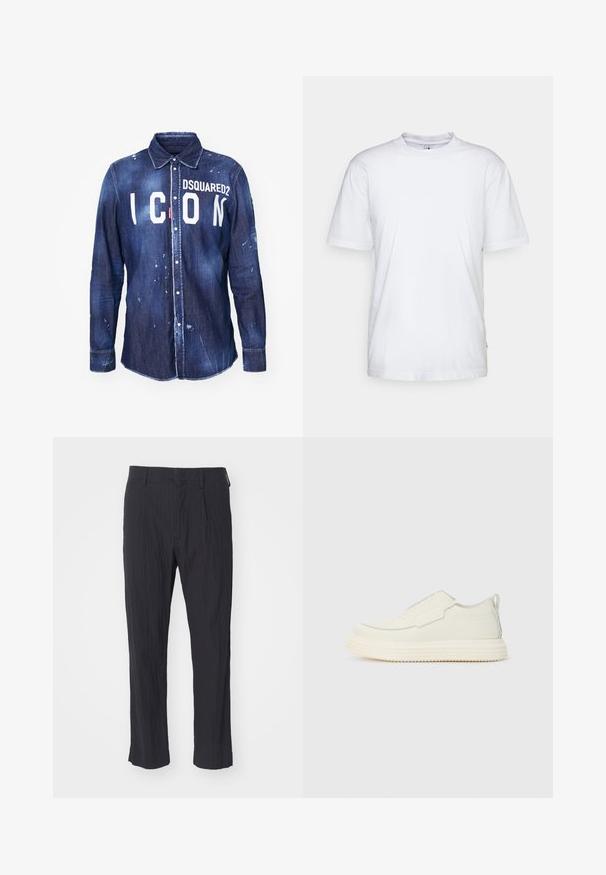 Donkerblauwe denim overhemd met witte "ICON" tekst en "DSQUARED2" logo. Heeft knoopsluiting, puntige kraag en verouderde verfvlekken.; Witte katoenen t-shirt met een ronde hals, korte mouwen en een rechte zoom. Heeft een klein merktag aan de linkerkant van de zijnaad.; Zwarte geplooide broek van textuurstof, met een recht model en een standaard tailleband. Geen zichtbare zakken of hardware.; Witte instap sneaker met een gestructureerde afwerking, voorzien van een ronde neus en een dikke rubberen zool. Lichte stiksels accentueren het ontwerp.