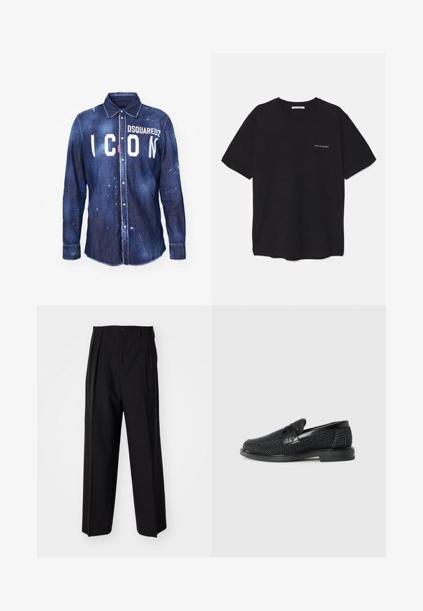Dunkelblaue Denimhemd mit weißem "ICON"-Text und "DSQUARED2"-Logo. Verfügt über eine Knopfleiste, einen spitzen Kragen und distressed Farbspritzer.; Schwarzes Baumwoll-T-Shirt mit Rundhalsausschnitt, kurzen Ärmeln und weißem Logodruck auf der linken Brust. Einfaches, einfarbiges Design.; Schwarze, plissierte Hose mit geradem, weitem Bein. Hergestellt aus glattem Stoff, mit Knopfverschluss und Gürtelschlaufen.; Schwarzer geflochtener Slipper mit einem glatten Lederakzent im Obermaterial, einem runden Zehendesign und einer flachen Gummisohle.