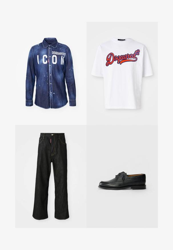 Camicia in denim di colore blu scuro con testo bianco "ICON" e logo "DSQUARED2". Presenta chiusura con bottoni, colletto a punta e macchie di vernice usurata.; Maglietta in cotone bianco con collo rotondo, caratterizzata da un prominente logo ricamato "Dsquared²" blu e rosso sul fronte. Maniche corte.; Jeans neri a gamba dritta con cuciture gialle, design a cinque tasche, chiusura con bottone e un piccolo etichetta rossa sulla tasca anteriore destra.; Scarpa in pelle nera con superficie testurizzata, punta rotonda e design con lacci a due fori. Presenta una suola piatta e un branding minimalista sul lato.
