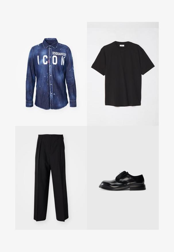 Denim košulja u tamnoplavoj boji s bijelim tekstom "ICON" i logotipom "DSQUARED2". Ima zatvaranje na dugmad, oštar ovratnik i ispucale mrlje boje.; Crna pamučna majica sa okruglim izrezom, kratkim rukavima i opuštenim krojem. Jednostavan dizajn, glatka tekstura i bez vidljivih uzoraka ili logotipa.; Crne plisirane hlače s ravnim širokim nogavicama. Izrađene od glatkog materijala, s dugmadi za zatvaranje i petljama za remen.; Crne kožne cipele s okruglim nosom, glatkom površinom, vezanjem i složenim potplatom. Minimalistički stil bez vidljivih logotipa.