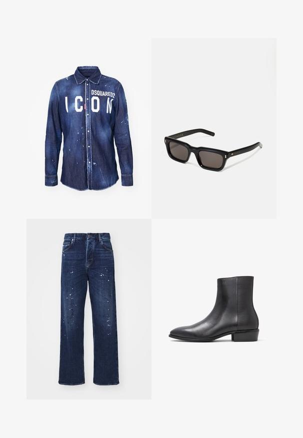 Donkerblauwe denim overhemd met witte "ICON" tekst en "DSQUARED2" logo. Heeft knoopsluiting, puntige kraag en verouderde verfvlekken.; Donkerblauwe denim jeans met een losse pasvorm, rechte pijpen en een witte verfdruppelafwerking aan de voorkant. Klassiek vijf-pocket ontwerp.; ALDO PILLOWWALK+FLEX INSIDE ZIP AMUR - Lage laarzen - open black; Zwarte rechthoekige zonnebril met donkere lenzen, een dik plastic montuur, gouden accenten op de veren en het merkembleem gegraveerd op de arm.