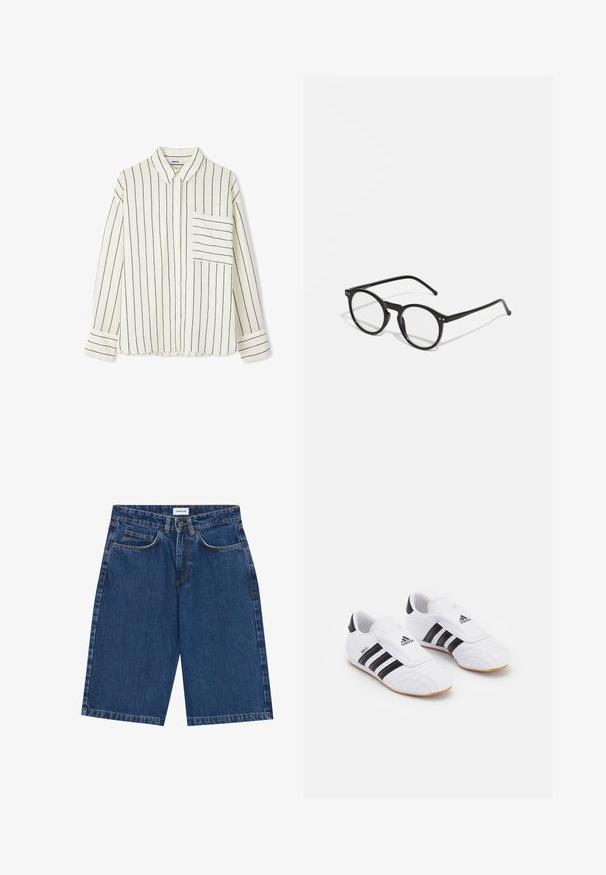 Ipekyol STRIPED - Blusa - cream; Shorts de mezclilla en azul oscuro, con un diseño de cinco bolsillos, corte recto y acentos de costura visibles. Textura suave y cintura de altura media.; Zapatillas deportivas blancas con rayas negras, con una textura parecida al ante, punta redondeada y una correa de Velcro. Suela de goma para tracción.; Gafas de sol redondas y negras con lentes transparentes, brazos delgados en negro y pequeños acentos metálicos en la parte frontal. Diseño clásico con estilo minimalista.