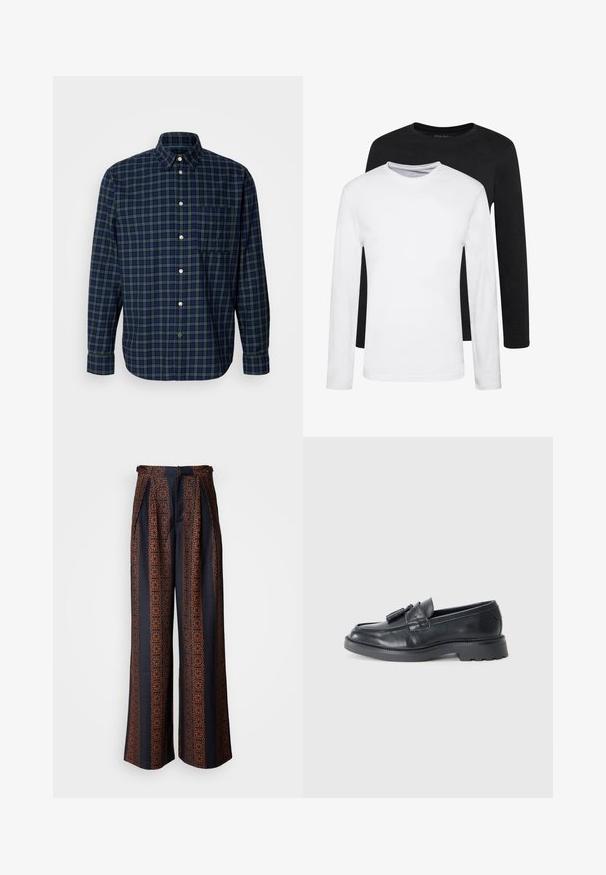 Mornarsko in temno zeleno karo srajco iz bombaža z ovratnikom na gumbe, dolgimi rokavi in žepom na prsih, opremljeno z okroglimi gumbi.; Dve majice z dolgimi rokavi, ena črna in ena bela, narejene iz bombaža z okroglim izrezom in gladko teksturo, prikazane v zloženem položaju.; Široke hlače iz temno modrega materiala, ki imajo zapleteno oranžno geometrijsko vzorčenje, z naborki spredaj in prilegajočim pasom.; Črne usnjene loafers sandale z zaobljenim nosom, pasom s resicami in robustnim podplatom z vzorcem profila. Gladka tekstura in klasičen dizajn.