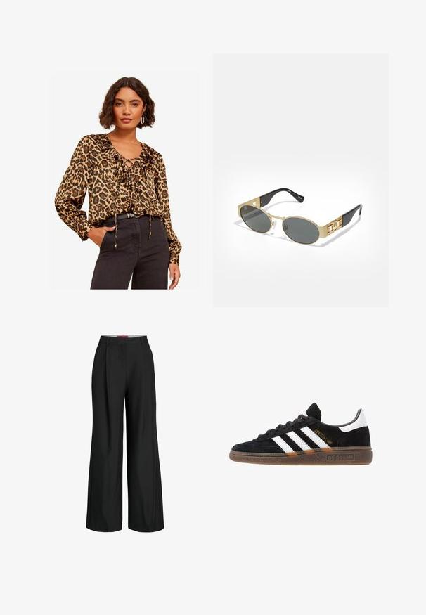 Leopárd mintás blúz fodros nyakkivágással, hosszú ujjakkal és fűzős részletekkel, könnyű anyagból készült, magasszárú sötétkék farmernadrággal párosítva.; Fekete, széles szárú, szabott nadrág, rávarrt redőkkel és sima anyagtextúrával. Tiszta vonalak, látható fémrészek vagy díszítések nélkül.; Fekete Adidas sneaker fehér csíkokkal, arany "Spezial" felirattal, gumitalppal és fehér saroktabbal, profil nézetben bemutatva.; Ovális napszemüveg aranyszínű fémből készült kerettel és szürke lencsékkel. Fekete acetát karokkal rendelkezik, aranyszínű díszítéssel és logorésszel az oldalán.