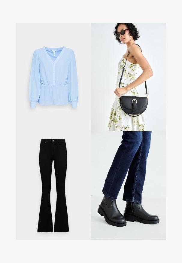 Object MILA V-NECK - Blusa - serenity; Jeans pretos de cintura alta com fecho de botão e zíper, bolsos frontais e pernas largas dispostos em cima de um fundo branco.; Botas de tornozelo de couro preto com sola grossa e painéis elásticos laterais, combinadas com jeans azul escuro. O chão é de cor clara.; Bolsa de couro preta com forma curva, alça destacável e detalhes em dourado. A bolsa possui uma aba com detalhe de fivela.