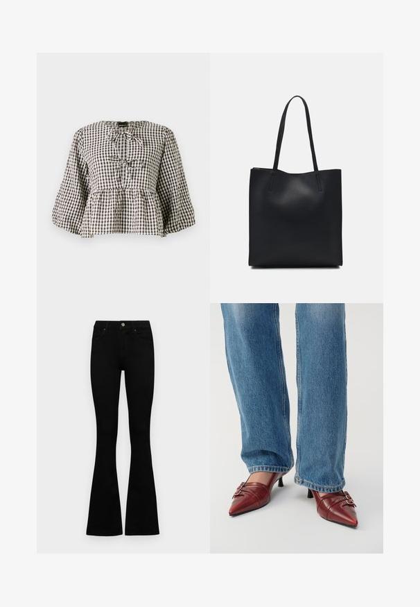 Buffalo-ternet bluse i brun og hvit, med peplum-design, knytning i halsen og lange, luftige ermer.; Sorte høytlivsjeans med knapp og glidelås, frontlommer og utsvingte bein liggende flatt på en hvit bakgrunn.; Røde skinnpumper med spiss tå og liten hæl, med horisontal søm og to sølvspenner, båret med blå denimjeans.; Svart lær tote bag med glatt tekstur, rektangulær form og to lange håndtak. Ingen synlige deler eller dekorasjoner.