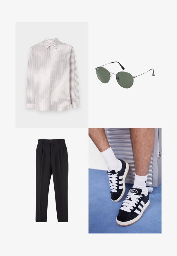 Hosszúujjú gombos ing fehér színben, függőleges rózsaszín, kék és zöld csíkokkal. Klasszikus gallérral és egyetlen mellzsebbel rendelkezik.; Fekete nadrág, pliszézett elejű dizájnnal, sima anyagból készült. Gombos záródás és övhurkok jellemzik; egyenes szabású.; Fekete velúr sportcipők fehér fűzőkkel és három fehér csíkkal. A nyelvén egy kör alakú fekete logó található, valamint egy gumis talp.; Fémkeretes napszemüveg ovális zöld lencsékkel. Vékony ezüst színű fémkeret és fekete fülrész. Minimalista dizájn, látható logók nélkül.