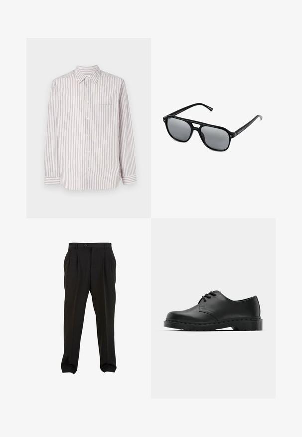 Bílá košile s dlouhým rukávem a vertikálními pruhy v růžové, modré a zelené barvě. Vybavená klasickým límcem a jednou náprsní kapsou.; Černé kalhoty z hladké tkaniny, se zapínáním na tlačítko v pase, předními sklady a zúženými manžetami u kotníků. Klasický elegantní střih.; Černé kožené oxfordy s šněrováním, zakulacenou špičkou, plochou gumovou podrážkou a jemným prošíváním podél svršku.; Černé sluneční brýle s obdélníkovými rámy, šedými tónovanými skly a designem s výřezem ve střední části. Hladký, lesklý plastový materiál, s úzkými stranami.