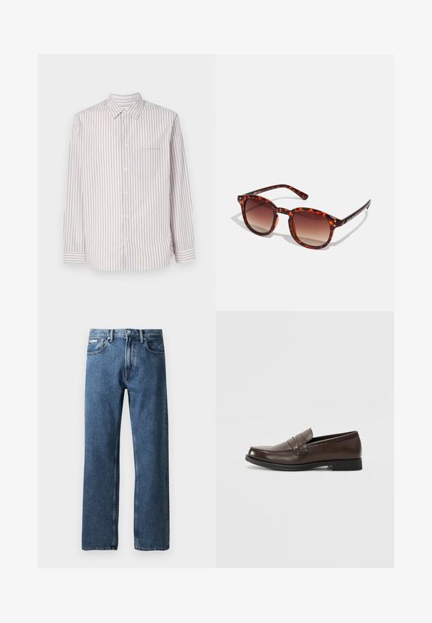 Biała koszula z długim rękawem i guzikami, w pionowe paski w kolorze różowym, niebieskim i zielonym. Posiada klasyczny kołnierzyk oraz jedną kieszeń na piersi.; Niebieskie jeansy typu straight-leg z wysokim stanem, zapinane na guziki i zamek, z kieszeniami z przodu oraz małą białą metką z logo na prawej kieszeni.; Brązowy skórzany mokasyn z okrągłym noskiem, dekoracyjnym przeszyciem i małym, płaskim obcasem. Gładka faktura z dyskretnymi elementami designu.; Okulary przeciwsłoneczne w kolorze żółwim z gradientowymi brązowymi szkłami, w okrągłym kształcie, z czarnymi akcentami na zausznikach; mają dwa małe metalowe ćwierćwykończenia w pobliżu soczewek.; Czarna skórzana torebka na ramię z klapą, dwoma srebrnymi klamrami, żółtym stębnowaniem i regulowanym paskiem. Posiada gładką teksturę i kompaktowy design.