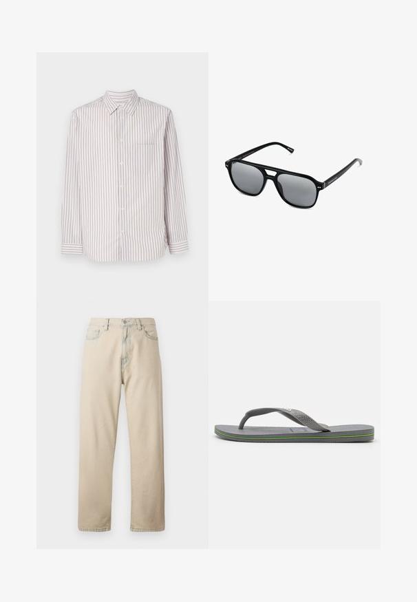 Camicia a maniche lunghe con bottoni di colore bianco, con righe verticali rosa, blu e verdi. Presenta un colletto classico e una tasca sul petto.; Jeans in denim di cotone beige con gamba dritta, cinque tasche, passanti per cintura e una zip per la chiusura. Texture leggermente sbiadita e cuciture a contrasto.; Infradito grigie con suola texturizzata e una resistente cinghia in gomma a fantasia. Presentano un profilo basso e un accento colorato lungo il bordo.; Occhiali da sole neri con montatura rettangolare, lenti grigie oscurate e design con intaglio sul ponte. Materiale plastico lucido e slanciato, con tempie sottili.