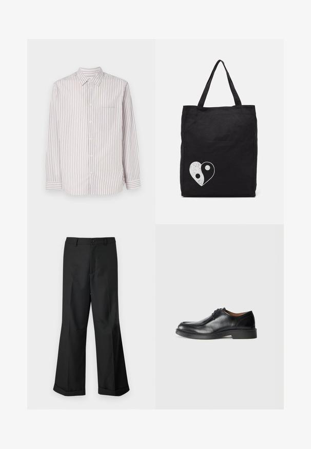 Valge pikkade varrukatega nööpidega särk, millel on vertikaalsed roosa, sinise ja rohelise triibud. Omab klassikalist kraed ja ühte rinnataskut.; Mustad laiad püksid nupuga vöökoha ja cuffidega hemmed, esitatud lihtsa valge tausta taustal.; Must sõlmiga mustad nahast kontsad, ümarate varvastega, sileda pinna ja madala, tekstuuriga kummitald. Puhtad jooned ja minimalistisch disain.; Must must kott, mis on valmistatud kangast, millel on valge yin-yang südame graafika. Kaks tugevat sangast, et hõlbustada kandmist. Lihtne ristküliku kujuline disain.