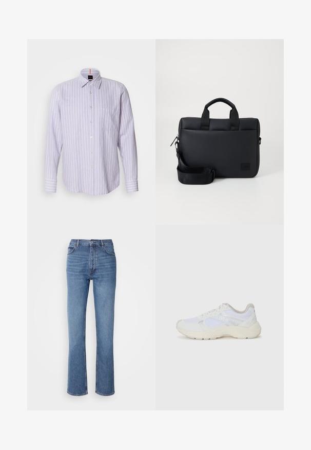 Svijetloplavi prugasti sako s okruglim ovratnikom, dugim rukavima i džepom na lijevoj strani grudi. Ima suptilan logo detalj.; Modre kavbojke z visokim pasom, ravno krojenjem in rahlim bledenjem. Imajo klasičen pet-pocket stil in zapiranje na zadrgo.; Bela športna obuvala iz mrežastega in semiš materiala, z teksturiranim podplatom, teksturiranimi dodatki in logotipom "HUGO" na strani.; Črn teksturiran laptop nahrbtnik z dvema zgornjima ročkama, odstranljivo naramnico, zadrgo in majhnim logotipom za blagovno znamko.