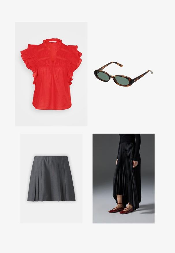 Punane pluus lühikeste volangkäistega, V-kujulise kaelusega ja kokku tõmmatud tekstuuriga. Valmistatud kergest kangast, millel on vabalt langev disain.; Kaks pikkade varrukatega särk: üks kreemika värvuse ja lühendatud disainiga ning teine roheline, tavapikkune raglankäistega. Mõlemad pehmest kangast.; Hallide hallidega hall seelik, millel on tekstureeritud kangas, elastne vöökoht ja peidetud lukk. Omab ühtlaselt jaotatud volte, et luua struktureeritud välimus.; Mustmust seelik kõrgema ees- ja madalama taga servaga, kombineeritud läikivate punaste sussidega, millel on rihma kujundus. Kangas on sileda tekstuuriga.; Kilpkonna kilbi disainiga tumedad prillid ovaalsete raamidega ja roheliste objektiividega. Omab õhukesi käsi, millel on metallist aktsent hingedest lähedal.