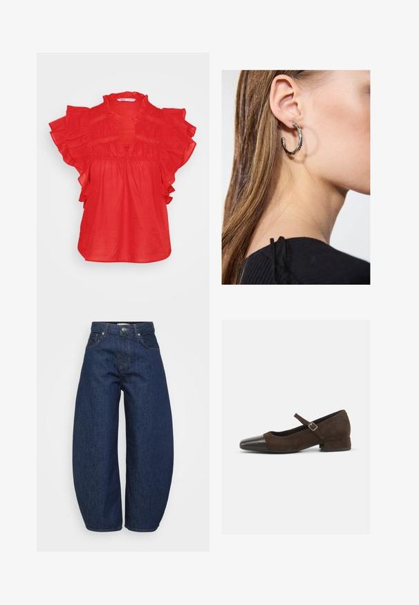 Sarkana blūze ar īsām volānu piedurknēm, V veida kakla izgriezumu un sakņu tekstūru. Izgatavota no viegla auduma, ar brīvu piegriezumu.; Augstās jostas tumši zilas džinsa bikses ar plašām kājām, ar priekšējo pogu un rāvējslēdzēja aizdari, kā arī klasisko piecu kabatu dizainu.; Brūni zamšādas Mary Jane apavi ar melnu lakotu purngalu, regulējamu siksniņu un zemu blokveida papēdi. Gluda tekstūra ar minimāliem akcentiem.; Sudraba auskars ar pulētu apdari, ar maziem zelta akcentiem un apaļu formu, uz ausu ļipiņas.