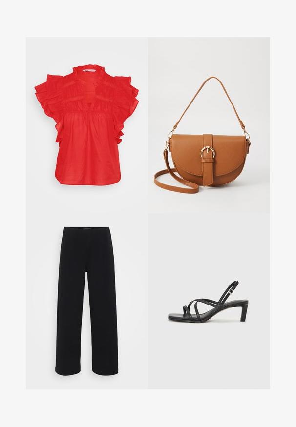Czerwona bluzka z krótkimi falbaniastymi rękawami, dekoltem w kształcie litery V oraz marszczonym wzorem. Wykonana z lekkiego materiału, charakteryzująca się luźnym krojem.; Czarne szerokie spodnie z elastycznym pasem. Wykonane z teksturowanego materiału, charakteryzujące się luźnym krojem i prostym fasonem od bioder do dołu.; Czarne sandały na obcasie z prostokątnym noskiem i niskim słupkowym obcasem. Posiadają wiele cienkich pasków i regulowany pasek na kostkę. Wykonane z gładkiej skóry.; Brązowa skórzana torba na ramię o zaokrąglonym kształcie, ze złotymi akcentami i zapięciem w formie klamry. Posiada odpinany pasek na ramię.