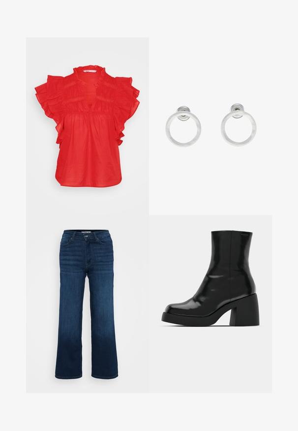 Raudona bluzonė trumpomis pufinėmis rankovėmis, V formos apykakle ir susiraukšlėjusia tekstūra. Pagaminta iš lengvos medžiagos, turinti laisvą siluetą.; ONLY Petite ONLMADISON BLUSH WIDE - Platėjantys džinsai - dark blue denim; Juodi kulkšniniai batai su blizgiu paviršiumi, kvadratiniu pirštu ir storu blokiniu kulnu. Dizainas pasižymi be siūlių siluetu ir minimalia ženklinimo. ; Sidabriniai metaliniai auskarai žiedų pavidalu su šveitimo tekstūra, turintys apvalų dizainą ir skaidrų laikiklį saugiam dėvėjimui.