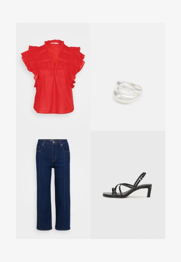 Sarkana blūze ar īsām volānu piedurknēm, V veida kakla izgriezumu un sakņu tekstūru. Izgatavota no viegla auduma, ar brīvu piegriezumu.; Tumši zili taisni džinsi ar pogu aizdari, priekšējām un aizmugurējām kabatām, kā arī redzamām oranžām šuvēm.; Melnas strappy sandales ar kvadrātveida purngaliem un zemu bloku papēdi. Ievērojamas ar vairākiem plāniem siksniņām un regulējamu potītes siksniņu. Izgatavotas no gludas ādas.; Sudraba divu joslu gredzens ar gludu, pulētu virsmu. Iezīmējas ar plūstošu, izliekta dizaina struktūru ar pārklājošām sekcijām modernam izskatam.