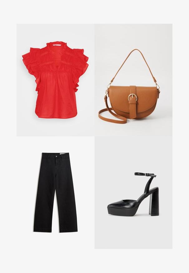 Rdeča bluza s kratkimi nabranimi rokavi, v obliko črke V in nabranim teksturiranjem. Izdelana iz lahkega materiala, z ohlapnim krojem.; Črne široke denim hlače z visokim pasom, ki imajo sprednje in zadnje žepe, šivane šive ter gumbasto zapiranje. Gladka tekstura.; Črne platforme z visokimi petami in koničastim nosom ter nastavljivim gležnjenjskim trakom. Narejene iz gladke usnje, s kockasto peto.; Rjava usnjena torbica prek telesa s ukrivljeno obliko, zlate opreme in sponko. Ima odstranljiv naramni trak.