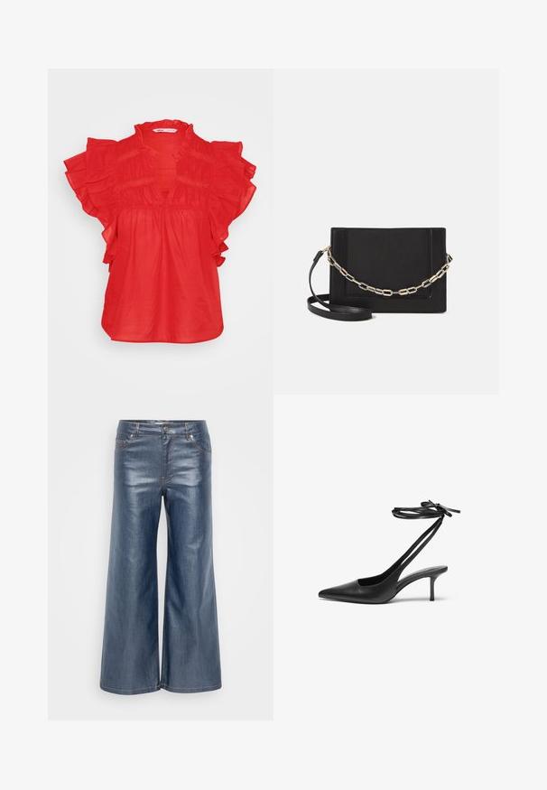 Rote Bluse mit kurzen Rüschensäumen, einem V-Ausschnitt und geraffter Textur. Hergestellt aus leichtem Stoff, mit lockerem Schnitt.; Weite Jeanshosen in Dunkelblau mit glatter Textur, fünf Taschen und kontrastierenden Nähten. Vorderer Knopf- und Reißverschluss.; Schwarzer Leder-Stiletto mit spitzem Zehenbereich, offenem Fersenbereich und mit einer Schleife gebundenen Knöchelriemen. Schlanker 3-Zoll-Absatz. Glatte Textur, minimalistisches Design.; Schwarze Leder-Crossbody-Tasche mit glatter Textur, rechteckiger Form und metallic-kettendetail auf der Vorderseite. Verstellbarer Gurt inklusive.
