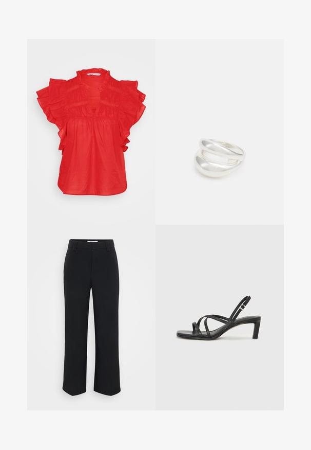 Sarkana blūze ar īsām volānu piedurknēm, V veida kakla izgriezumu un sakņu tekstūru. Izgatavota no viegla auduma, ar brīvu piegriezumu.; Melnas platās bikses ar gludu tekstūru, ar platu jostasvietu un sānu kabatām, veidotas minimalistiskā estētikā.; Melnas strappy sandales ar kvadrātveida purngaliem un zemu bloku papēdi. Ievērojamas ar vairākiem plāniem siksniņām un regulējamu potītes siksniņu. Izgatavotas no gludas ādas.; Sudraba divu joslu gredzens ar gludu, pulētu virsmu. Iezīmējas ar plūstošu, izliekta dizaina struktūru ar pārklājošām sekcijām modernam izskatam.