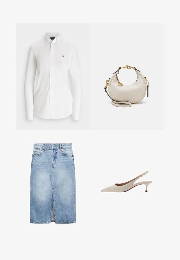 Witte overhemd met lange mouwen en een puntkraag, gemaakt van katoen. Voorzien van een klein geborduurd logo op de linkerborst.; Lichte blauwe denimrok, knie-lengte met een voorkeursplit. Voorzien van vijf riemlussen, twee voorzakken en sluiting met metalen knoop.; Beige slingback hakken met een puntige neus en een lage, uitlopende hak. Gemaakt van glad leer met een minimalistisch ontwerp en een verstelbare band.; Crème leren handtas met een halve maan vorm, gouden hardware, zwarte accenten en een afneembare schouderband. Heeft een kettingdetail en label.
