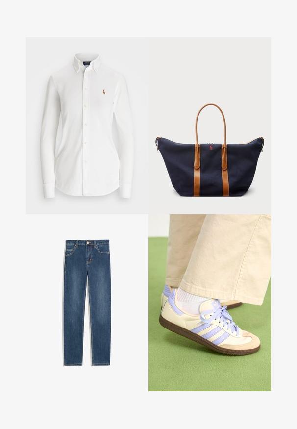 Fehér, hosszú ujjas, gombos ing, hegyes gallérral, pamutból készült. Bal mellen egy kis hímzett logó található.; Sötétkék farmernadrág egyenes szabással, öt zsebbel, finom varrási részletekkel és fém gombbal a deréknál.; Krém és levendula színű sportcipők három csíkkal és texturált barna talppal, fűzőkkel és párnázott sarokkal. Puha anyagú felsőrész.; Kék vászontáska barna bőr pántokkal, cipzáras záróval és egy kis piros logóval az elején, széles, tágas kialakítással.