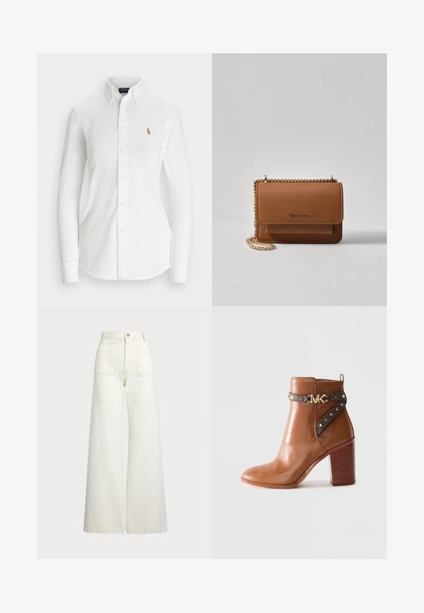 Balts garām piedurknēm pogājams krekls ar norādītu apkakli, izgatavots no kokvilnas. Satur mazu izšūtu logotipu kreisajā krūtī.; Platās kājas džinsi off-white denima. Augsta jostasvieta ar pogu aizdari, divas priekšējās kabatas un kontrastējošas šuvju detaļas.; Brūni ādas potīšu zābaki ar uzkrātu bloku papēdi, sānu siksna ar zelta pīrsingiem un zelta "MK" logotipa sprādzi.; Brūna teksturēta ādas plecu soma ar zelta ķēdes siksnu un atloka aizdari. Priekšpusē ir logotipa detaļa un kabata zem atloka.