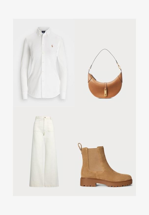 Camisa branca de manga longa com colarinho pontudo, feita de algodão. Apresenta um pequeno logotipo bordado no lado esquerdo do peito.; Jeans de perna larga em denim off-white. Design de cintura alta com fecho de botão, dois bolsos frontais e detalhes de costura em contraste.; Botas Chelsea em camurça bege com painéis laterais elásticos, uma sola grossa de borracha castanha e uma alça na parte de trás.; Bolsa de couro castanho-claro com um formato curvado, detalhes em ouro e uma alça de ombro fina. Apresenta um fecho de zipper e um detalhe de logótipo na parte frontal.