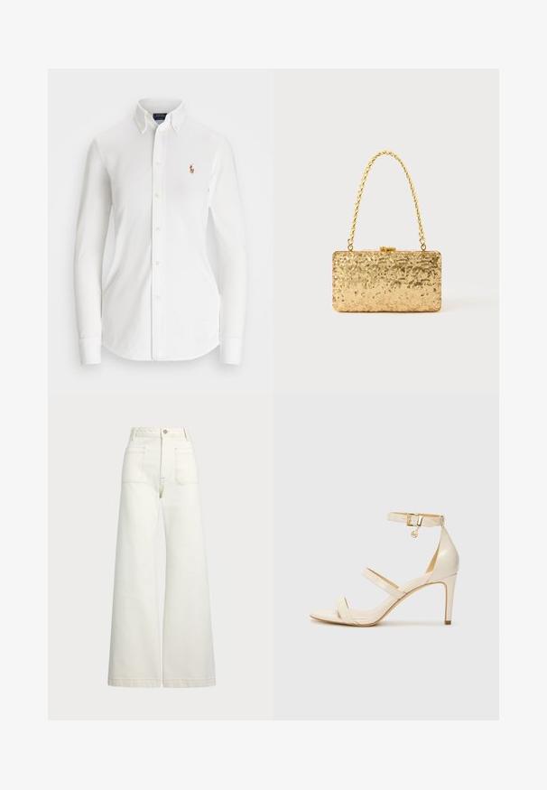 Camicia bianca a maniche lunghe con colletto a punta, realizzata in cotone. Presenta un piccolo logo ricamato sul petto sinistro.; Jeans a gamba larga in denim bianco sporco. Design a vita alta con chiusura a bottone, due tasche frontali e dettagli di cucitura a contrasto.; Sandali con tacco alto beige, dotati di una sottile cinghia alla caviglia e due cinturini superiori. Finitura lucida in vernice e dettaglio in hardware dorato sulla cinghia alla caviglia.; Clutch oro in paillettes con forma rettangolare, dotata di una maniglia in catena attorcigliata e una chiusura a scatto in metallo, che riflette la luce con una finitura testurizzata.