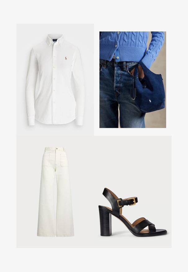 Biała koszula z długim rękawem na guziki z ostrym kołnierzykiem, wykonana z bawełny. Posiada małe haftowane logo po lewej stronie klatki piersiowej.; Spodnie dżinsowe o szerokich nogawkach w odcieniu off-white. Wysoki stan z zapięciem na guzik, dwiema kieszeniami z przodu i detalami z kontrastowym przeszyciem.; Czarne skórzane sandały na obcasie z przekrzyżowanym paskiem i zapięciem na klamerkę. Posiadają masywny obcas i gładką fakturę.; Zamszowa granatowa torebka o miękkiej fakturze, z dwoma uchwytami i małą przymocowaną metką. Na froncie znajduje się biały logo, a dół torebki jest zaokrąglony.