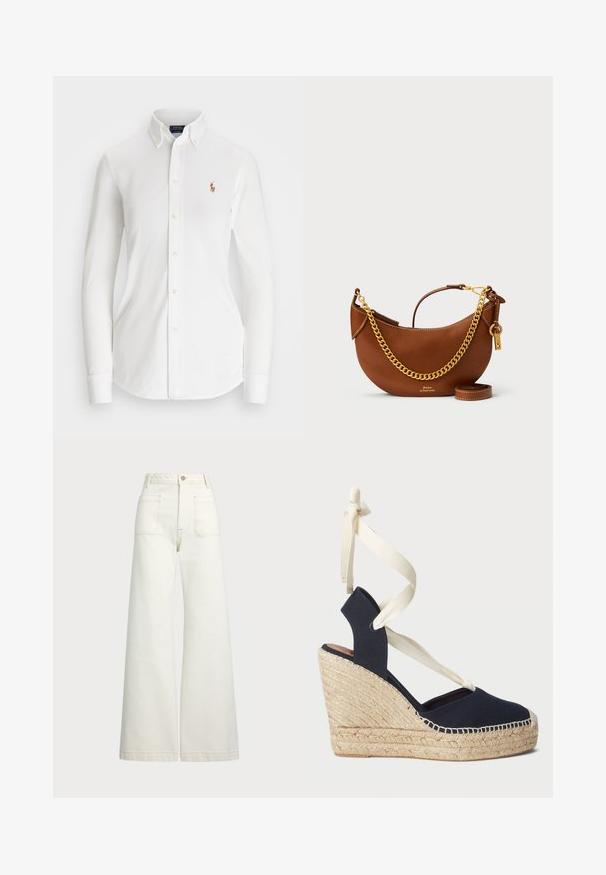 Biała koszula z długim rękawem na guziki z ostrym kołnierzykiem, wykonana z bawełny. Posiada małe haftowane logo po lewej stronie klatki piersiowej.; Spodnie dżinsowe o szerokich nogawkach w odcieniu off-white. Wysoki stan z zapięciem na guzik, dwiema kieszeniami z przodu i detalami z kontrastowym przeszyciem.; Granatowe sandały na koturnie z płóciennym wierzchem, z plecioną podeszwą z juty i kremowymi wstążkami wiązanymi wokół kostki. Zapięty tył i okrągły czubek.; Brązowa skórzana torebka o zaokrąglonym kształcie, z złotym łańcuszkiem, wewnętrzną kieszenią oraz odczepianym paskiem na ramię. Posiada kontrastowe przeszycia.