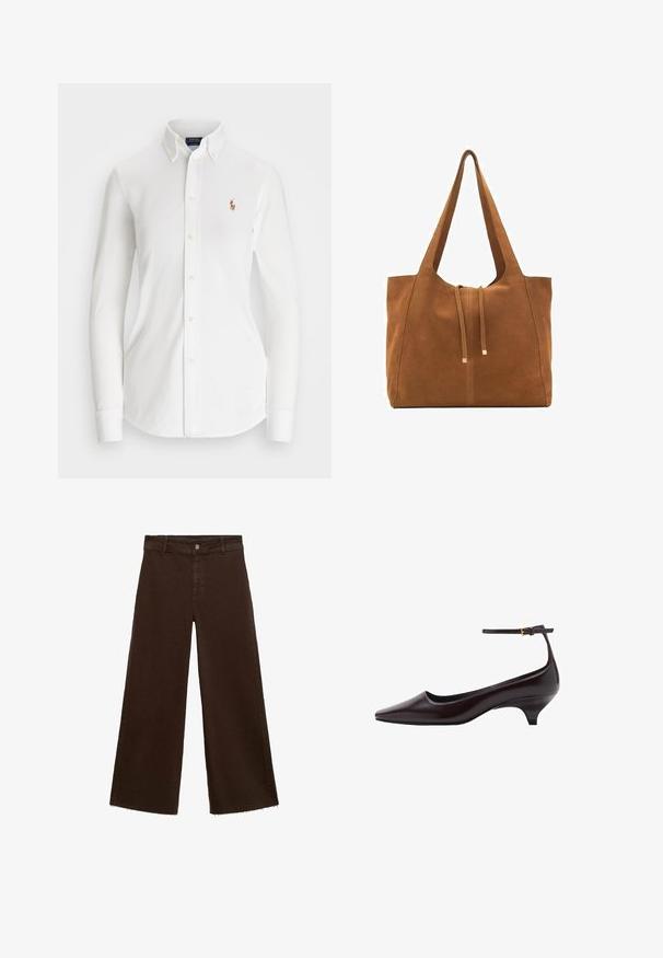 Cămașă albă cu mâneci lungi și guler ascuțit, realizată din bumbac. Prezintă un mic logo brodat pe partea stângă a pieptului.; Pantaloni largi maro dintr-un amestec de bumbac, cu un tiv desfăcut, închidere cu buton frontal și un design clasic cu cinci buzunare. Minimalist și versatil.; Pantofii din piele de culoare maro închis, cu vârful ascuțit și toc kitten, sunt prevăzuți cu o curea subțire pentru glezna piciorului și o cataramă mică aurie.; Geantă tote din suede maro cu două mânere lungi, închidere prin șnur și un design minimalistic. Textură netedă și fără accente vizibile de hardură.