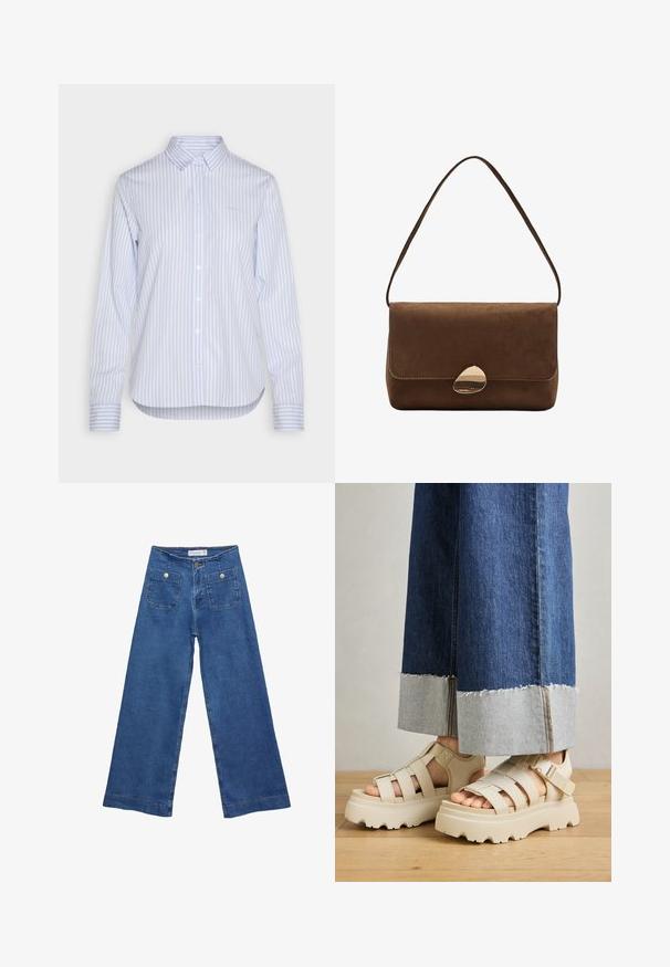 Hellblau-weißer gestreifter Knopfhemd mit klassischem Kragen, langen Ärmeln und abgerundetem Saum. Baumwollstoff mit glatter Textur.; Denim-Hosen im weiten Schnitt mit einer mittleren blauen Waschung, zwei Vordertaschen mit Knopfverschluss und genähten Details entlang der Säume.; Beige Plattform-Sandalen mit dicken Sohlen verfügen über ein Riemchen-Design und verstellbare Knöchelriemen. Getragen zu weit geschnittenen Denim-Hosen, ist ein Saum ausgefranst.; Braune Wildleder-Umhängetasche mit geschwungenem goldenen Verschluss und einseitigem Tragegurt, rechteckige Form mit Klappenverschluss.