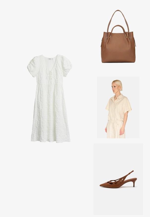 Helles beige Kurzarmhemd mit einem kragenförmigen Hals und einer aufgesetzten Tasche. Gefertigt aus einem strukturierten Stoff mit einer lockeren Passform.; Weißes Kleid aus strukturiertem Material, mit kurzen Puffärmeln, einem V-Ausschnitt und einem Bindedetail an der Brust, das bis zur Mitte der Wade reicht.; Braune Leder-Slingback-Peeptoe mit spitz zulaufender Zehenpartie, Ausschnitt-Design und genähten Details. Verfügt über einen schlanken Absatz und einen verstellbaren Riemen.; Braune Leder-Tote mit strukturierten Oberflächen, doppelt langen Griffen und einer oberen Öffnung. Verfügt über goldfarbene Hardware und eine seitliche Reißverschlusstasche.