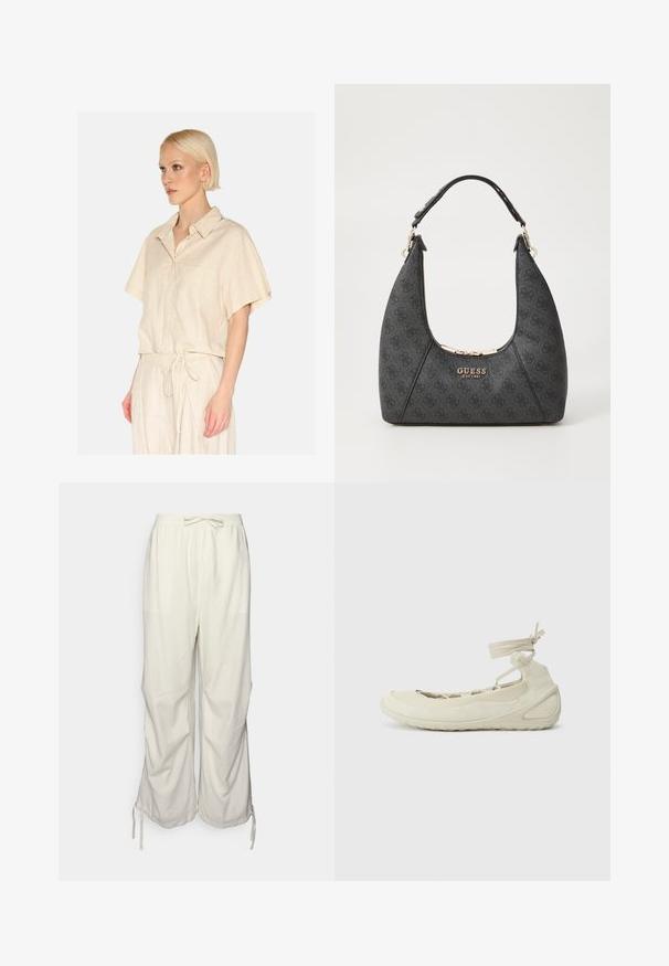 Camisa corta de manga con cuello en tono beige claro y un bolsillo frontal. Confeccionada en una tela texturizada con un corte holgado.; Top asimétrico sin mangas en tejido de color beige claro, con escote redondeado y detalle fruncido en el lado para añadir textura.; Pantalones de mezcla de lino en color blanco roto con cintura elástica, cordón y aberturas laterales en el dobladillo para un ajuste ajustable.; Bailarinas de color beige claro con puntera redondeada, correas de tobillo con cordones, superficie texturizada y diseño de suela flexible. Adecuadas para un uso casual.; Bolso negro de hombro con un diseño curvado, hecho de material texturizado. Presenta un logo dorado y un cierre con cremallera, con una correa lisa.