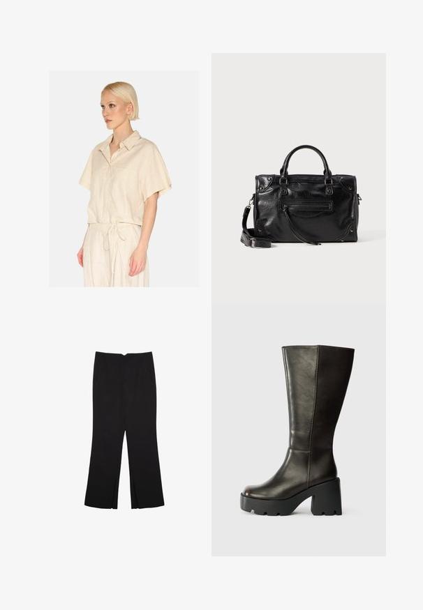 Camicetta corta a maniche concolore beige chiaro, con colletto e tasca frontale. Realizzata in un tessuto texturizzato e con una vestibilità rilassata.; Pantaloni neri a gamba dritta, con tasche frontali e spacchi laterali all'orlo. Realizzati in tessuto morbido e liscio. Adatti a diverse occasioni.; Stivale marrone in pelle, alto fino al ginocchio, con punta rotonda, piattaforma nera spessa e tacco largo. Presenta una texture liscia e dettagli di cucitura minimi.; Borsa a tracolla nera in pelle con due manici corti e una tracolla removibile. Presenta una tasca frontale con zip e dettagli metallici. Superficie testurizzata.
