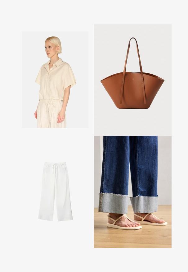 Lichtbeige shirt met korte mouwen, voorzien van een kraag en een borstzak. Gemaakt van een textuurstof met een ontspannen pasvorm.; Witte wijde broek van zacht materiaal, met een koordsluiting in de taille en twee steekzakken. Soepele textuur en geen zichtbare patronen.; Denim wijde broek met rafelige grijze mouwen en crèmekleurige slippers met een dikke rubberen zool en een minimalistisch ontwerp.; Bruine lederen totebag met een brede, gestructureerde vorm, dunne handvatten en een gestructureerde afwerking. Kenmerkt zich door een minimalistisch ontwerp zonder zichtbare hardware.