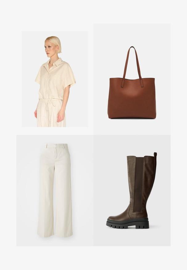 Light beige short-sleeve shirt with a collared neckline and a front pocket. Crafted from a textured fabric with a relaxed fit.; Wide-leg trousers in a light beige color, made of a smooth fabric. Features a classic waistband and flat front with clean lines.; Brown leather knee-high boot with a matte finish, elastic side panels, and a chunky black rubber sole. Straight shape with a rounded toe.; Brown leather tote bag with a smooth texture, open top design, and two shoulder straps. Features minimal stitching and no visible hardware.