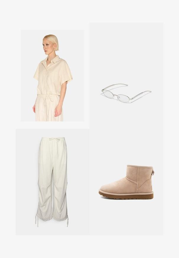 Svetložltá košeľa s krátkym rukávom, golierom a predným vreckom. Vyrobená z textúrovanej látky s voľným strihom.; Nohavice z ľanu v béžovej farbe s elastickým pásom, šnúrkou na stiahnutie a bočnými rozparkami na leme pre nastaviteľný strih.; Béžové z semišu členkové topánky s okrúhlou špičkou, prešívanými detailmi a textúrovanou hnedou gumovou podrážkou. Obsahujú pútko na zadnej strane.; Oválne okuliare s kovovým strieborným rámom, priesvitnými šošovkami a textúrovanými perlovými akcentmi na spánkoch. Ľahký dizajn s zahnutými ramenami.