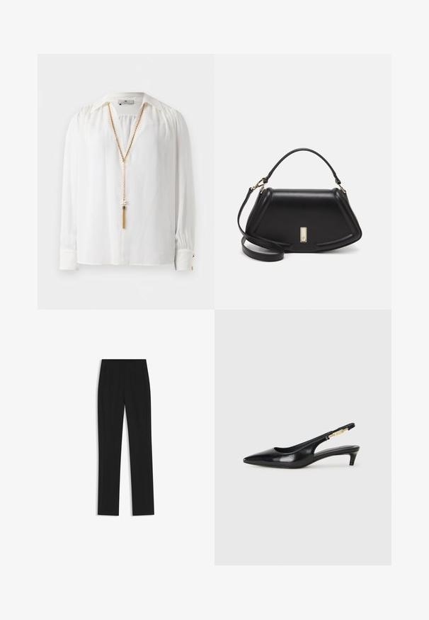 Blusa blanca de manga larga con hombros fruncidos, cuello puntiagudo, puños abotonados y una larga cadena de oro con detalle de borlas.; Pantalones de traje negros con un diseño de pierna recta, que cuentan con bolsillos delanteros y una tela suave y texturizada. Detalles limpios y minimalistas.; Tacones negros de piel sintética tipo slingback con punta afilada, que cuentan con un tacón delgado y un detalle en tono dorado en la correa ajustable. Textura suave.; Bolso de mano de cuero negro con un diseño estructurado, que presenta una forma recortada, asa superior y acentos en dorado. Correa de hombro ajustable incluida.