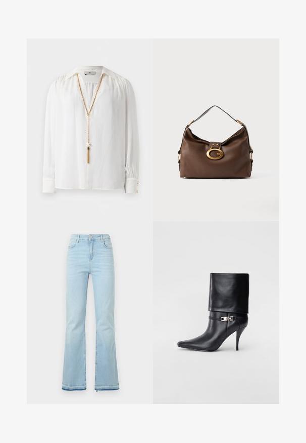 White long-sleeve blouse with gathered shoulders, pointed collar, buttoned cuffs, and a long gold chain necklace with tassel detail.; Light blue flared jeans made of denim, featuring a high waist, front pockets, and a raw hem at the cuffs for a casual look.; Black leather ankle boot with a pointed toe, high stiletto heel, fold-over cuff, and a gold decorative buckle detail on the ankle.; Brown leather handbag with a textured finish, featuring a gold-tone hardware clasp and a single, curved shoulder strap.