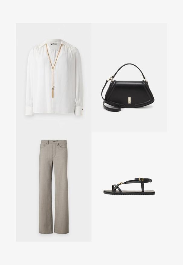White long-sleeve blouse with gathered shoulders, pointed collar, buttoned cuffs, and a long gold chain necklace with tassel detail.; Wide-leg pants in a light gray, textured fabric with a smooth finish. Features a button closure and five-pocket design.; Black leather sandals with thin straps and a buckled ankle strap. Flat sole with a textured finish and zigzag edge. Minimalist design.; Black leather handbag with a structured design, featuring a cropped shape, top handle, and gold hardware accent. Adjustable shoulder strap included.