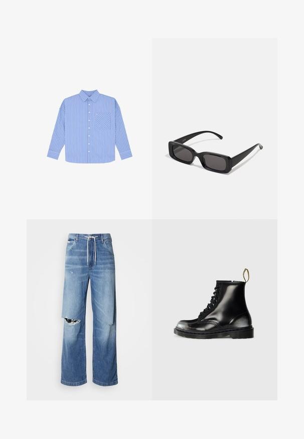 Sininen raidallinen paita, jossa on pitkät hihat, nappisulku ja rintatasku. Esittelee kapeita pystyraitoja vaihtelevissa sinisen sävyissä.; Vaalean siniset farkut, joissa on avara leikkaus, valkoisella kiristysnauhalla vyötäröllä ja selkeät repeämät etuosassa, jotka paljastavat rispaantuneita reunoja.; Mustat nahka nilkkasaappaat kiiltävällä pinnalla, kahdeksan reikää, mustat nauhat ja vetolenkit. Ominaisuuksiin kuuluu teksturoitu, uritettu pohja.; Mustat suorakaiteen muotoiset aurinkolasit, joissa tummat linssit, kiiltävä pinta, leveät sangan varret ja massiivinen kehysmuotoilu. Yhden sangansivun kaiverrettu brändinimi.