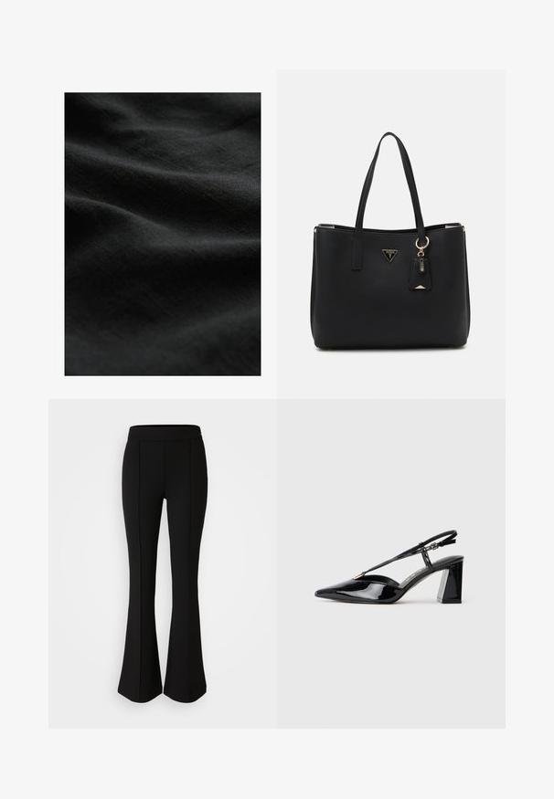 Zwarte stof met een gladde, zachte textuur, met subtiele kreuken en een matte afwerking. Geen zichtbare patronen of hardware.; Zwarte flared broek gemaakt van een rekbaar materiaal met een gladde textuur, met naaddetails aan de voorkant voor extra ontwerp.; Zwarte gepatineerde lederen slingback hakschoenen met een spitse neus, verstelbare band en stevige rechthoekige hak.; Zwarte tote bag van gestructureerd synthetisch materiaal, met twee handvatten, een gouden logo plaatje en een klein label met accentdetail.